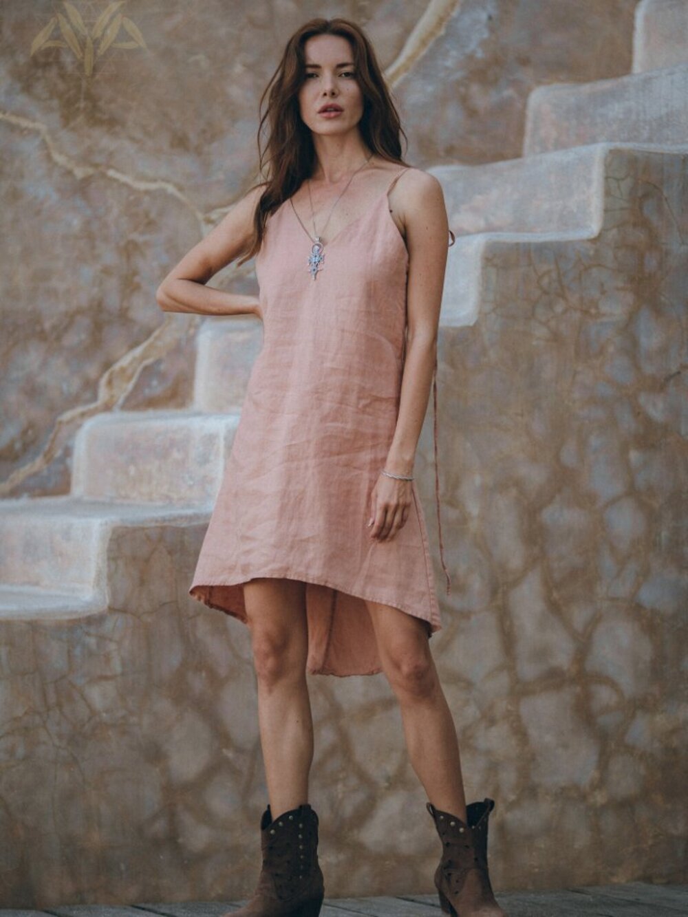 AYA sacred wear pink linen tie low back mini dress - Picture 2 of 7